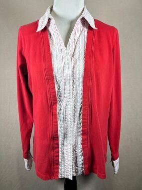 Denim‎ & Co. Faux Layered Red Long Sleeve Button Front Shirt Top Women's Medium